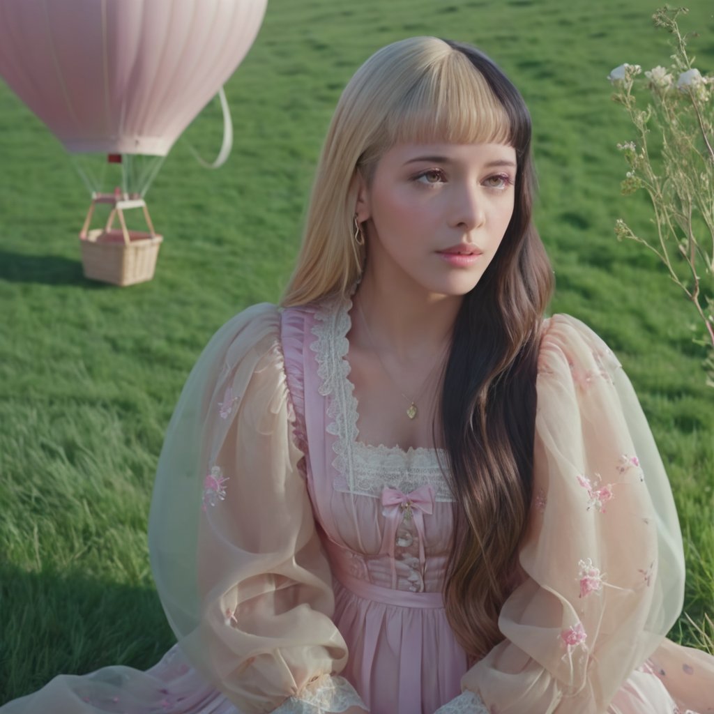 Full body, a girl, sitting, sitting in a brown basket in a pink hot air balloon, hovering over the ground, surrounded by green grassy hills, the hills have dull pink flowers on them, blonde and black split dye hair, cured and detailed full beige dress, long sleeves, the dress has lace cuffs at the end of the sleeves and in the middle of the dress, her hair is long and wavy, 4k, 18k, hairstyle, perfect face, After School, Melanie, Adele, Long hair, masterpiece high quality 18K, Hyperrealism, Realistic vision, rosy cheeks, realistic woman, a girl, Woman, best quality, woman, high quality, good lighting, A woman, with split hair, After School