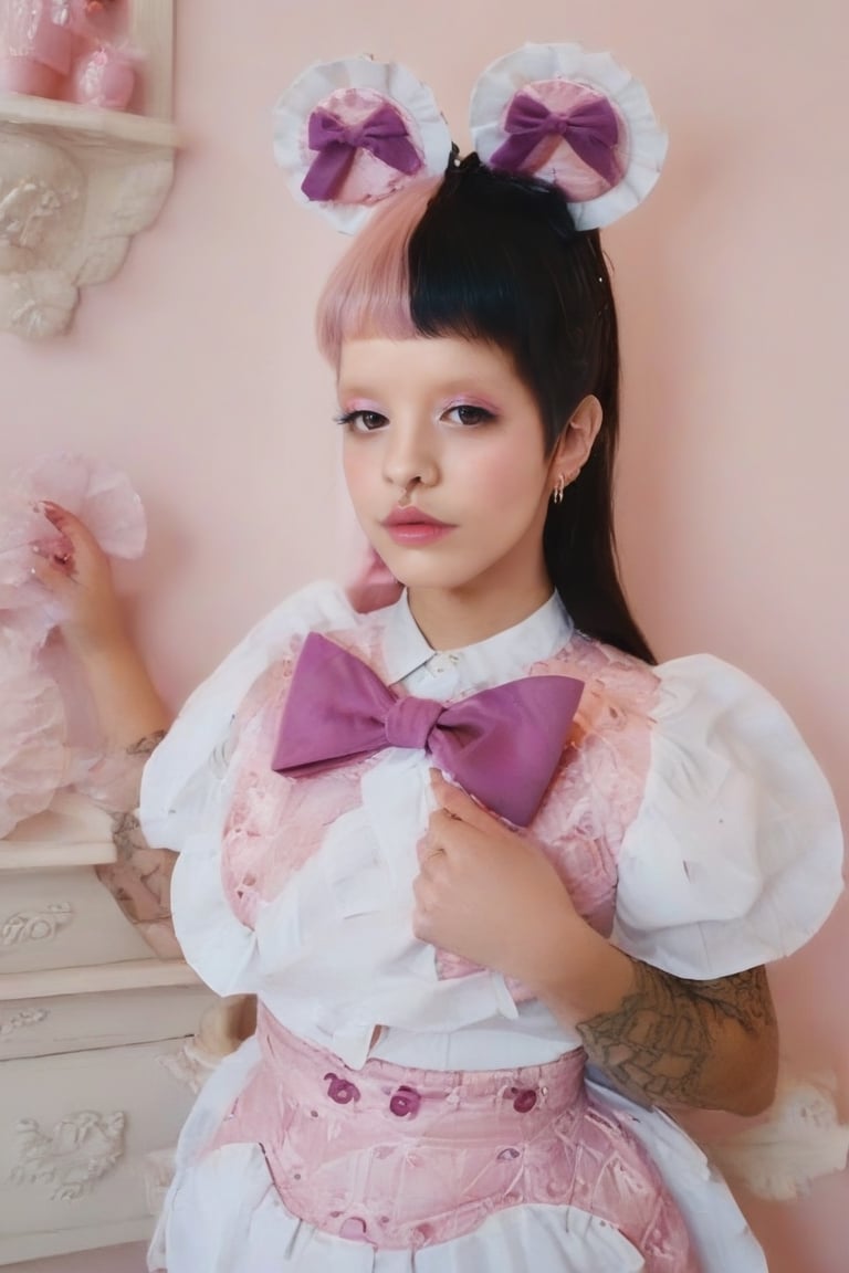 masterpiece, (photorealistic:1.4), realistic, depth of field, ((split-dye hair half magenta-ish-pink half black)), Beautiful sunlight, perfect brown eyes, pretty, beautiful, perfect nose, in a beautiful
 Wearing a big white bow, purple lipstick, pretty makeup, beautiful makeup, in a cute pink dress with pink buttons, skirt part is knee-high, shirt sleeved
 Wearing a big white bow, beautiful makeup, eating pastel colored pills