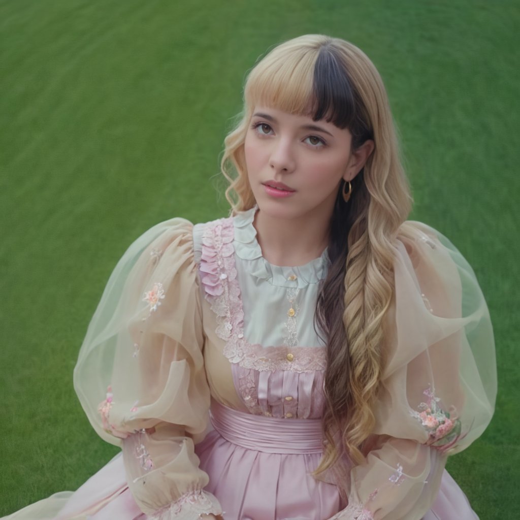 Full body, a girl, sitting, sitting in a brown basket in a pink hot air balloon, hovering over the ground, surrounded by green grassy hills, the hills have dull pink flowers on them, blonde and black split dye hair, cured and detailed full beige dress, long sleeves, the dress has lace cuffs at the end of the sleeves and in the middle of the dress, her hair is long and wavy, 4k, 18k, hairstyle, perfect face, After School, Melanie, Adele, Long hair, masterpiece high quality 18K, Hyperrealism, Realistic vision, rosy cheeks, realistic woman, a girl, Woman, best quality, woman, high quality, good lighting, A woman, with split hair, After School