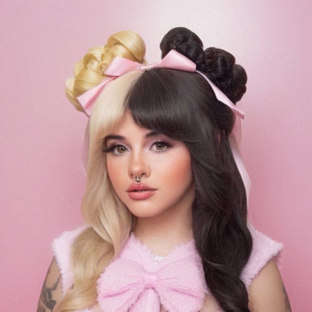 a girl who wears a pink swimsuit with several bows, she is in a world of cakes, therefore there are big cakes, cupcakes and sweets in the background, the girl has fluffy blonde and black hair in addition to having two small horns of the color of her hair on her head, black split dye, 4k, 18k, hairstyle, perfect face, After School, Melanie, Adele, Long hair, masterpiece high quality 18K, Hyperrealism, Realistic vision, rosy cheeks, realistic woman, a girl, Woman, best quality, woman, high quality, good lighting, A woman, with split hair, After School, girl, beauty, a girl who wears a pink swimsuit with several bows, she is in a world of cakes, therefore there are big cakes, cupcakes and sweets in the background, the girl has fluffy blonde and black hair in addition to having two small horns the color of her hair on her head, black split dye, the bakery, cake, cakes, strawberry shortcake, sweets, cupcakes, cupcake, sweets background, cake decoration, the bakery, the bakery, after school ep,Split dye hair,Black and  hair,Mullet hair,Bangs,hair horns,Black and blonde hair,hair horns 