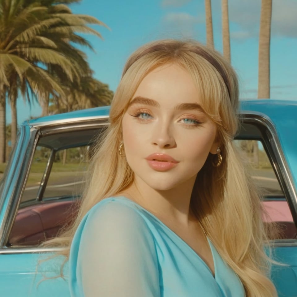 a girl wearing a short full light blue dress and a bright light blue headband, she is inside a light blue car, the background is a road along with palm trees and near a beach, 4k, 18k, hairstyle, perfect face, Espresso, Beach vibes, Summer vibes,Sabrina Carpenter, thick pink lips, masterpiece high quality 18K, Hyperrealism, Realistic vision, rosy cheeks, realistic woman, a girl, Woman, best quality, woman, high quality, good lighting, A woman, Short n Sweet , girl, beauty, a girl who wears a short bright light blue dress, a bright light blue headband, she is in a bright light blue car, the background is a road with some palm trees and near a beach, summer vibes, beach vibes, house beach, city with beach, light blue car, headband, thick pink lips, Sabrina carpenter,Blue eyes,Rosy cheeks,Long wavy blonde hair with bangs