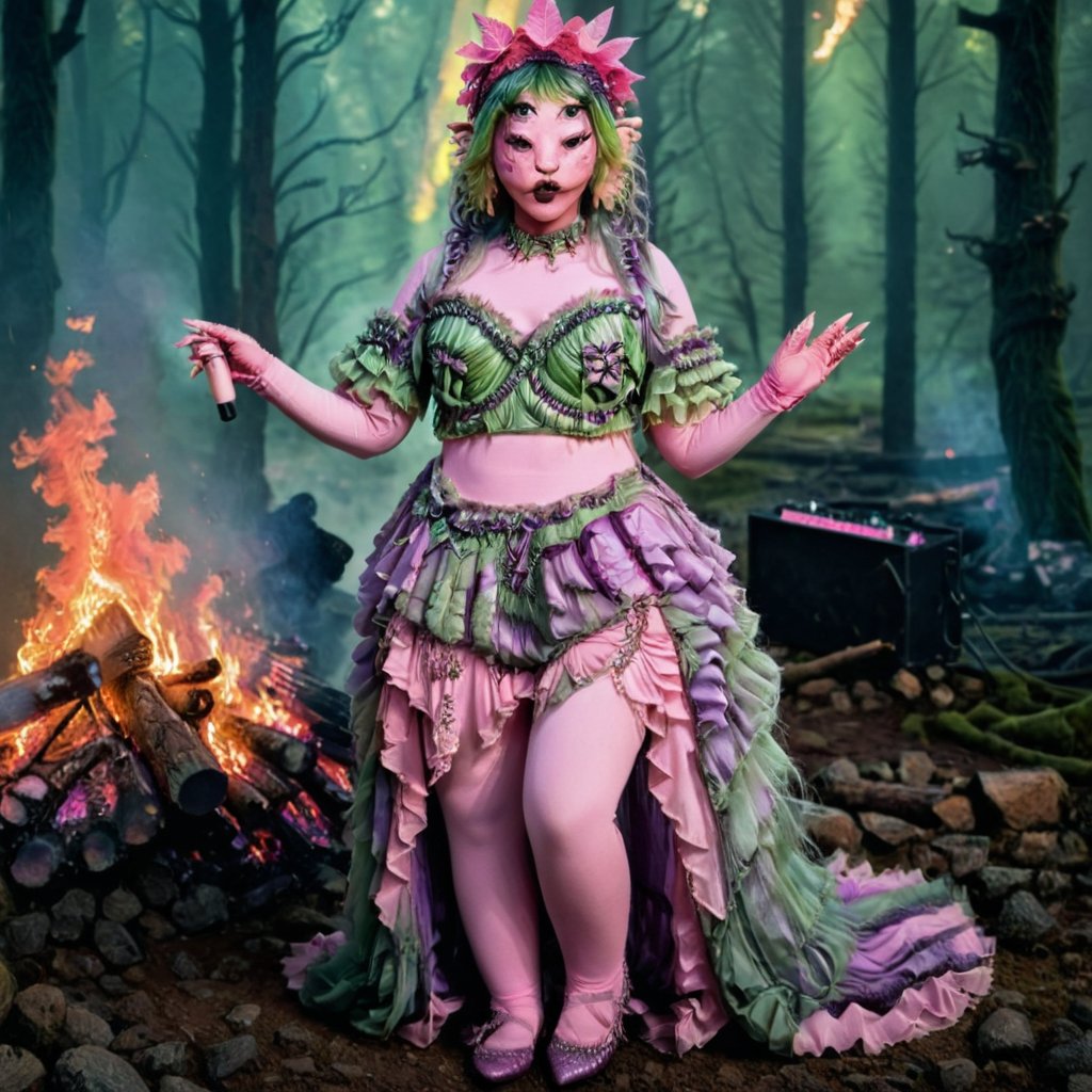 Pink and purple makeup, gorgeous makeup, standing in a fire forest, while fire in the background, fire forest, long train skirt, guitar00, fire00, forest00, pink skin, four eyes, Full body, wearing a pastel purple detailed crotchet outfit, a girl, silver green hair, cured and detailed outfit, her hair is long and wavy, her hair is long, 4k, 18k, hairstyle, perfect face, Melanie, Adele, Long hair, masterpiece high quality 18K, Hyperrealism, Realistic vision, rosy cheeks, realistic woman, a girl, Woman, best quality, woman, high quality, good lighting, A woman, fire00, Long hair, Pink skin, four eyes, Fancy, model, A woman, HIGH QUALITY, BIG QUALITY