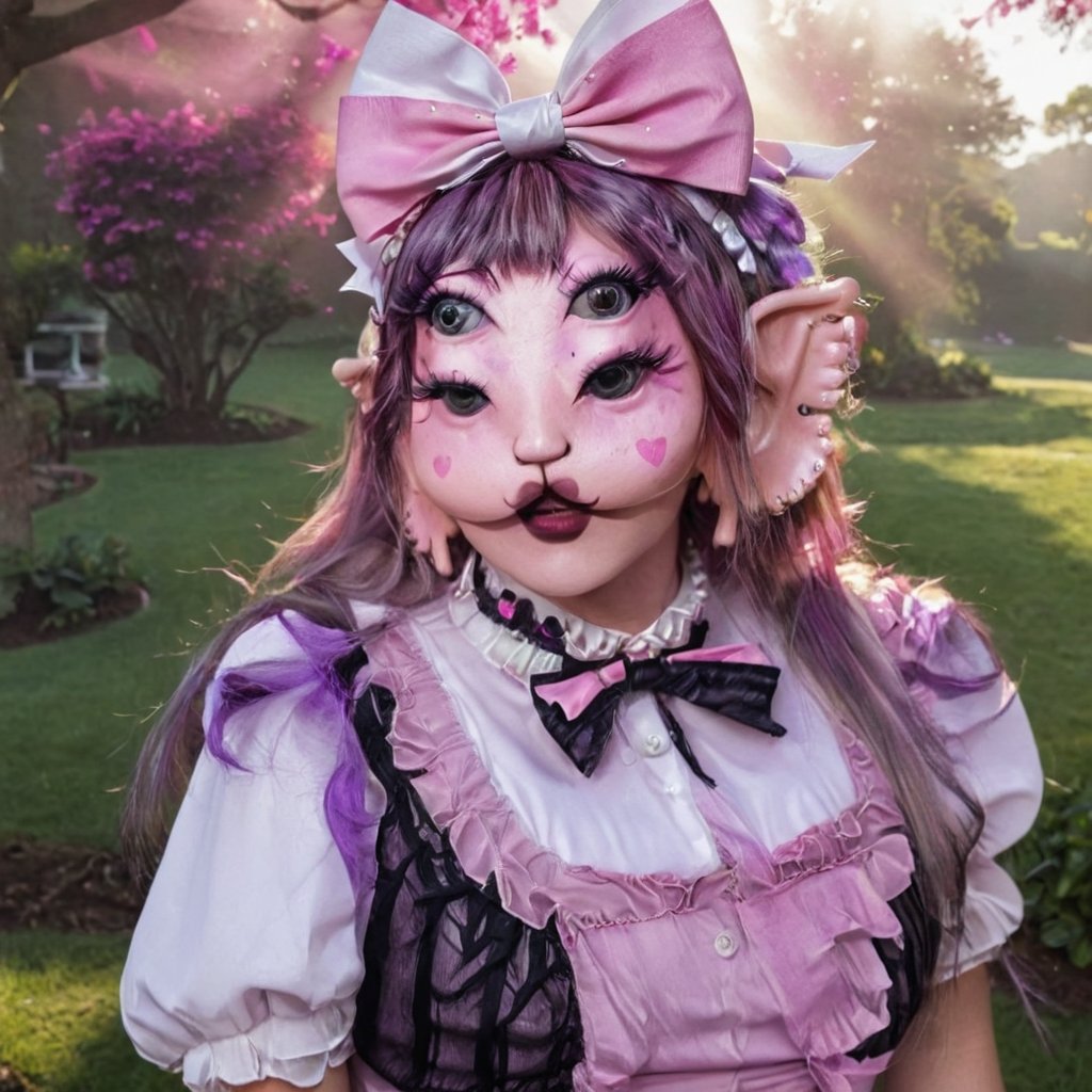 masterpiece, (photorealistic:1.4), realistic, depth of field, ((split-dye hair half magenta-ish-pink half black)), Beautiful sunlight, perfect brown eyes, pretty, beautiful, perfect nose, in a beautiful Wearing a big white bow, purple lipstick, pretty makeup, beautiful makeup, in a cute pink dress with pink buttons, skirt part is knee-high, shirt sleeved Wearing a big white bow, beautiful makeup, eating pastel colored pills