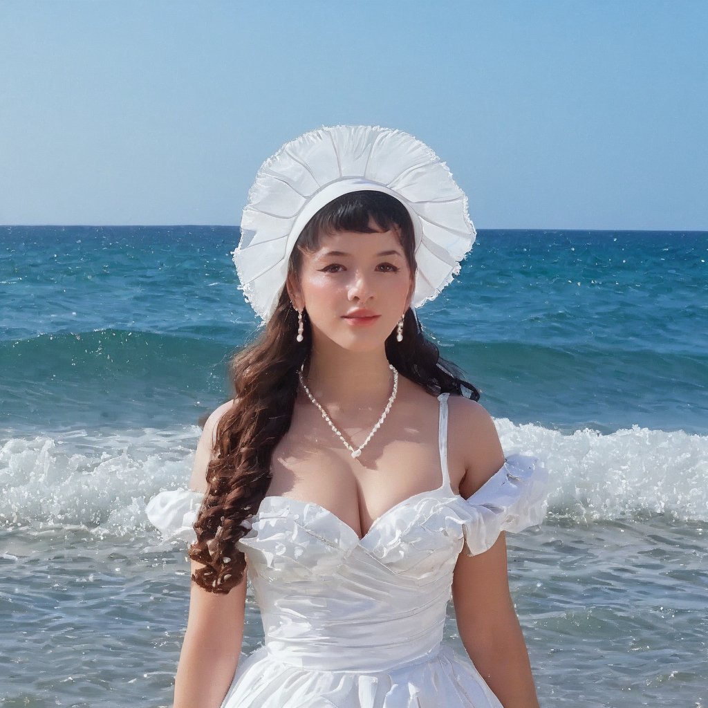 a girl who is entering the sea on a beach,  she wears a beautiful long white dress with a white hat with pearls for decora...
