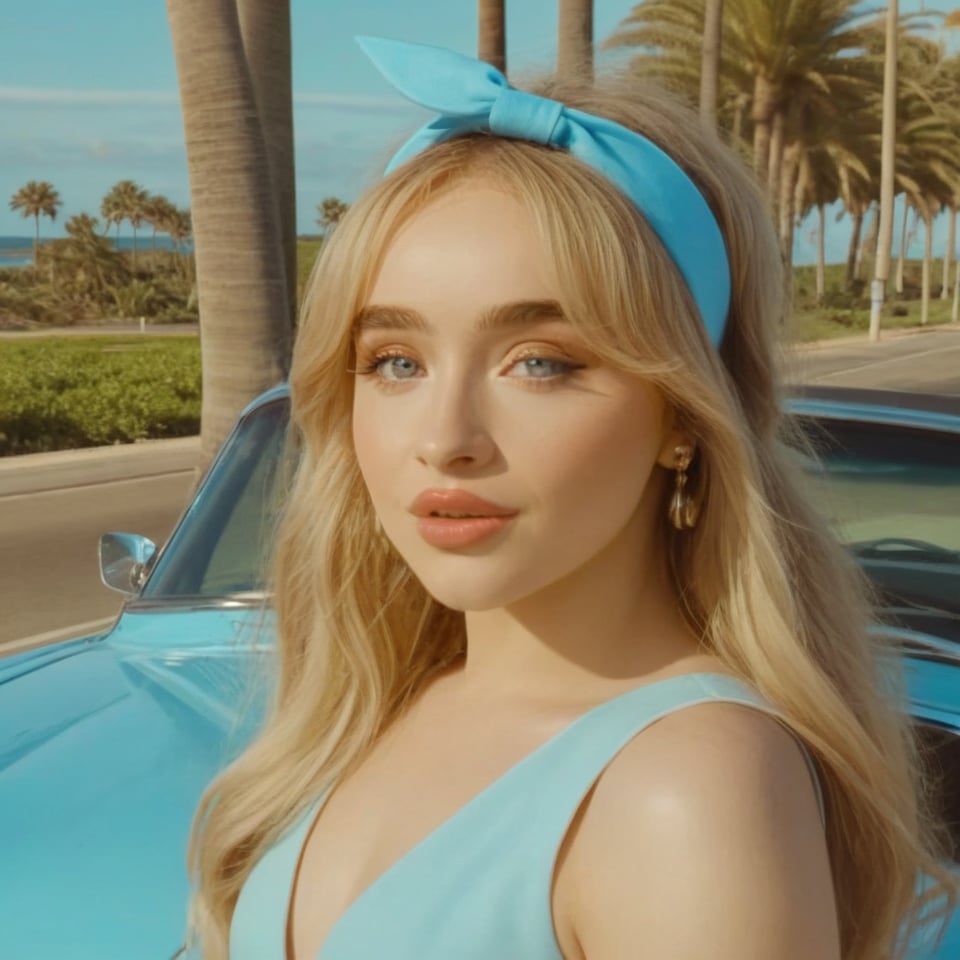 a girl wearing a short full light blue dress and a bright light blue headband, she is inside a light blue car, the background is a road along with palm trees and near a beach, 4k, 18k, hairstyle, perfect face, Espresso, Beach vibes, Summer vibes,Sabrina Carpenter, thick pink lips, masterpiece high quality 18K, Hyperrealism, Realistic vision, rosy cheeks, realistic woman, a girl, Woman, best quality, woman, high quality, good lighting, A woman, Short n Sweet , girl, beauty, a girl who wears a short bright light blue dress, a bright light blue headband, she is in a bright light blue car, the background is a road with some palm trees and near a beach, summer vibes, beach vibes, house beach, city with beach, light blue car, headband, thick pink lips, Sabrina carpenter,Blue eyes,Rosy cheeks,Long wavy blonde hair with bangs