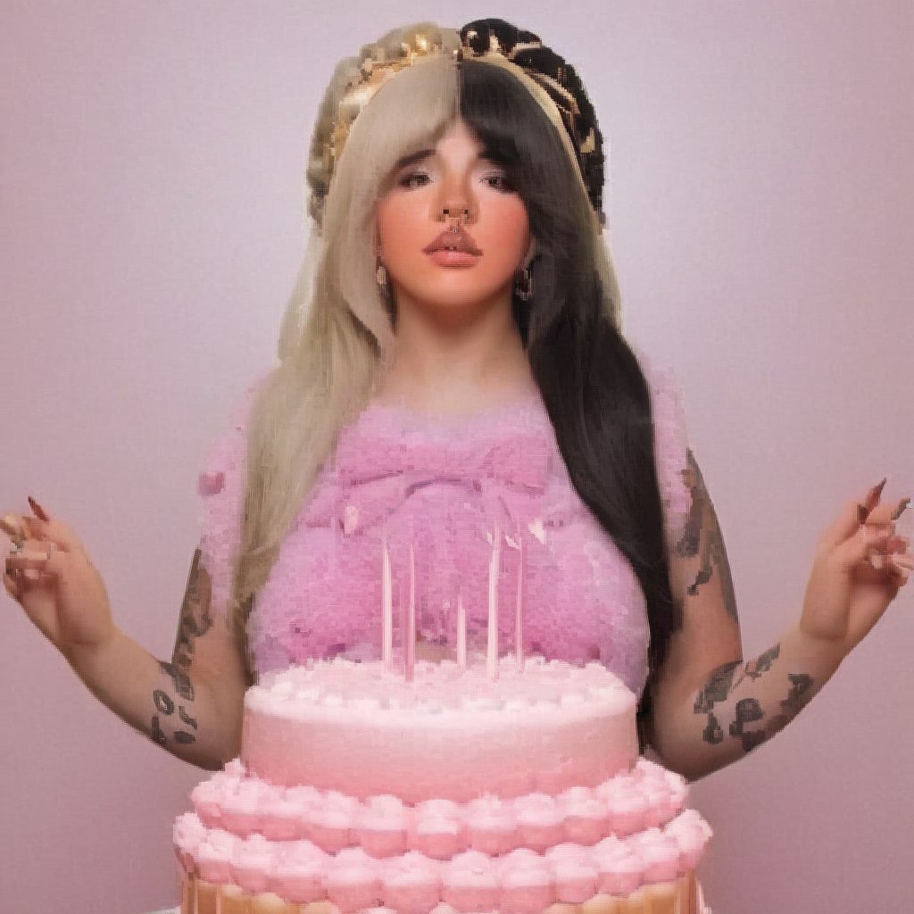 a girl who wears a pink swimsuit with several bows, she is in a world of cakes, therefore there are big cakes, cupcakes and sweets in the background, the girl has fluffy blonde and black hair in addition to having two small horns of the color of her hair on her head, black split dye, 4k, 18k, hairstyle, perfect face, After School, Melanie, Adele, Long hair, masterpiece high quality 18K, Hyperrealism, Realistic vision, rosy cheeks, realistic woman, a girl, Woman, best quality, woman, high quality, good lighting, A woman, with split hair, After School, girl, beauty, a girl who wears a pink swimsuit with several bows, she is in a world of cakes, therefore there are big cakes, cupcakes and sweets in the background, the girl has fluffy blonde and black hair in addition to having two small horns the color of her hair on her head, black split dye, the bakery, cake, cakes, strawberry shortcake, sweets, cupcakes, cupcake, sweets background, cake decoration, the bakery, the bakery, after school ep,Split dye hair,Black and  hair,Mullet hair,Bangs,hair horns,Black and blonde hair,hair horns 