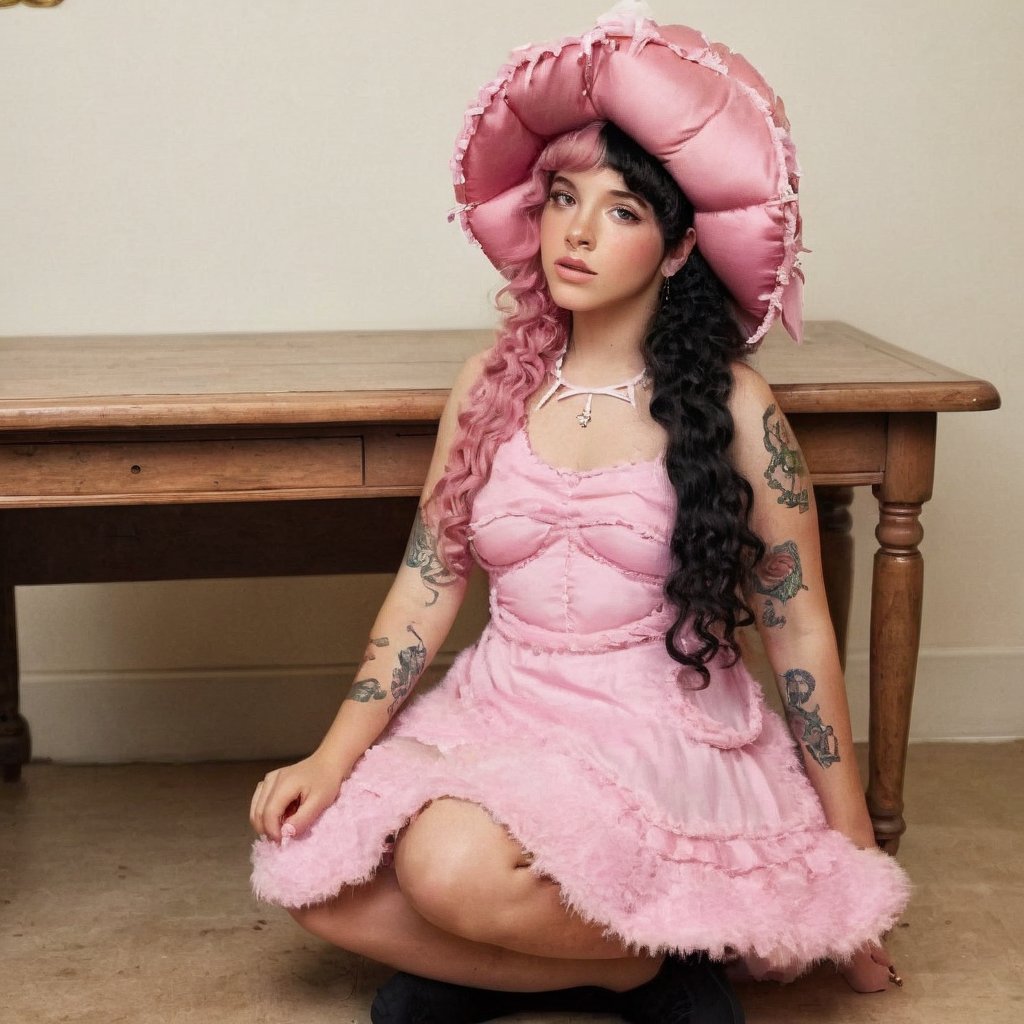 a girl who is under a table, table on top of her head, sitting/lying down, she wears a pink dress and a pink hat that matches her dress, the girl has fluffy curly pink and black hair, black split dye, 4k, 18k , hairstyle, perfect face, After School, Melanie, Adele, Long hair, masterpiece high quality 18K, Hyperrealism, Realistic vision, rosy cheeks, realistic woman, a girl, Woman, best quality, woman, high quality, good lighting, A woman , with split hair, After School, girl, beauty, a girl who is sitting under a table, table on her head, sitting/lying down, she wears a pink dress and a pink hat that matches her dress, she has pink and black curly fluffy hair, black split dye, under the desk, the desk, under, the table, under the table, hide and seek, hide