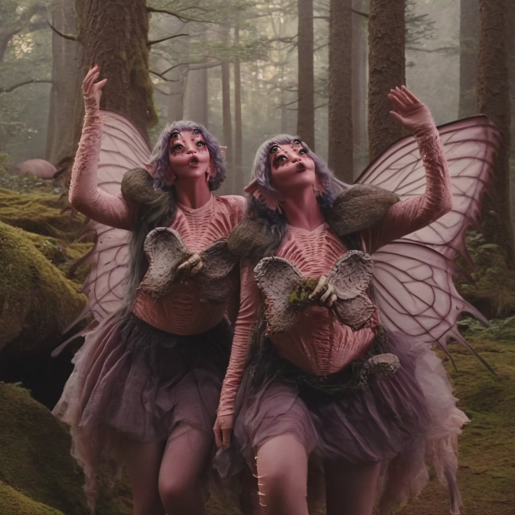 Prompt: Pink and purple makeup, gorgeous makeup, two girls in the middle of the forest, mushrooms, fairy dance, four eyes, Full body, dark pink short curly hair, cured and detailed outfit, her hair is long and wavy, her hair is long, 4k, 18k, hairstyle, perfect face, Melanie, Adele, Long hair, masterpiece high quality 18K, Hyperrealism, Realistic vision, rosy cheeks, realistic woman, a girl, Woman, best quality, woman, high quality, good lighting, A woman , fairy00, Long hair, Pink skin, four eyes, Fancy, model, A woman. Pink and purple makeup, gorgeous makeup, long train skirt, forest00, pink skin, four eyes, Full body, two girls, dark pink short curly hair, cured and detailed outfit, her hair is long and wavy, her hair is long, 4k , 18k, hairstyle, perfect face, Melanie, Adele, Long hair, masterpiece high quality 18K, Hyperrealism, Realistic vision, rosy cheeks, realistic woman, a girl, Woman, best quality, woman, high quality, good lighting, A woman, duo00, Long hair, Pink skin, four eyes, Fancy, model, A woman,Big Quality, Masterpiece, High Quality,Melanie Martinez, Beautiful, 2_girls,4 eyes, Nymph, Pink Skin