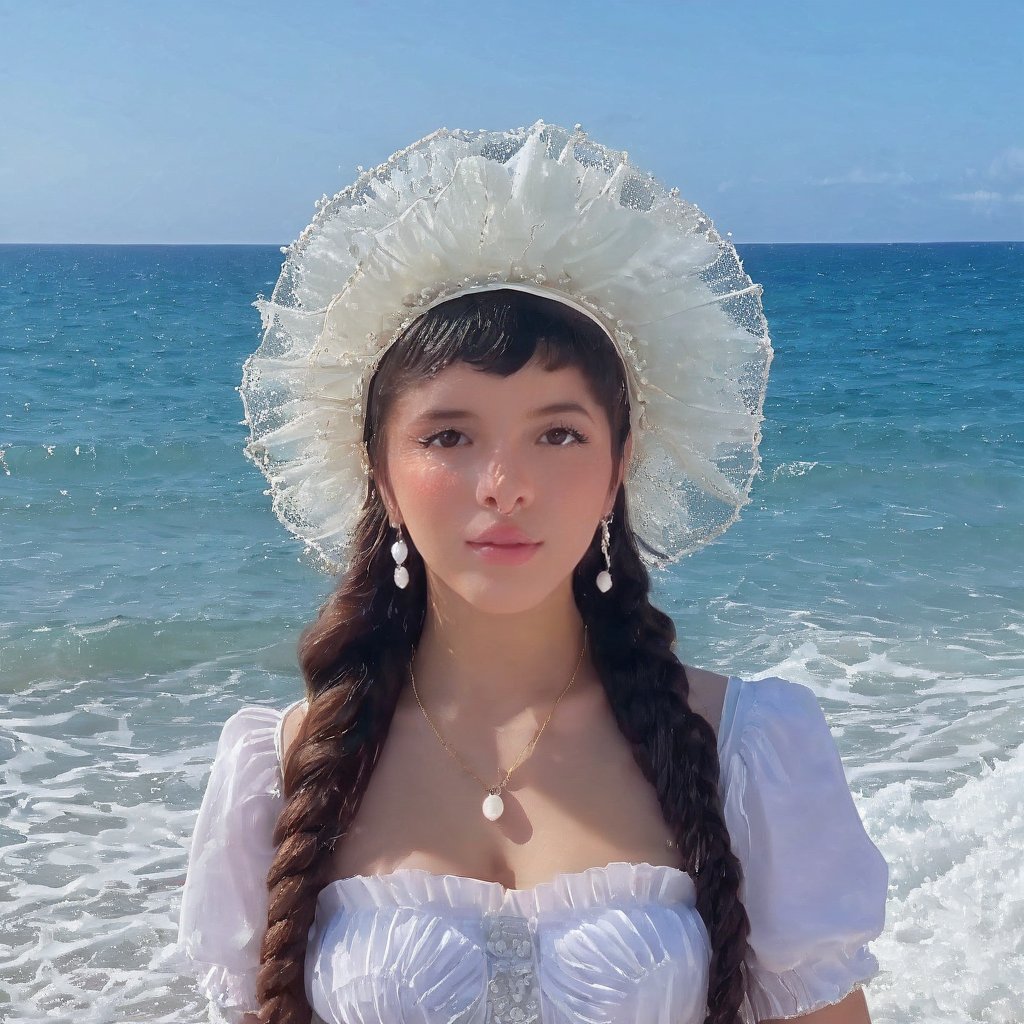 a girl who is entering the sea on a beach,  she wears a beautiful long white dress with a white hat with pearls for decora...