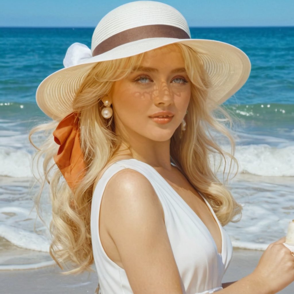 a girl who is entering the sea on a beach,  she wears a beautiful long white dress with a white hat that says "Espresso" w...