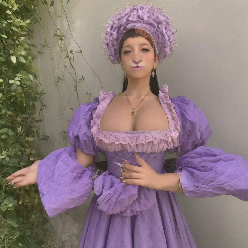 A woman, 1girl, looking standing, purple dress, putting her hands on hre chest