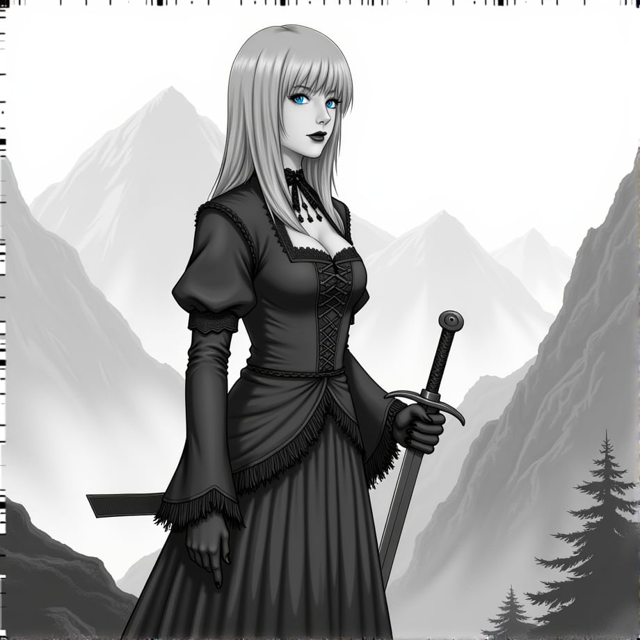 1girl, a woman blonde straight hair,blue eyes, black lipstick, grayscale, black and white, all black and white, realistic, with a sword on a mountain, standing up, Who's Afraid Of Little Old Me, Vintage Lolita outfit, Wild outfit, TTPD 