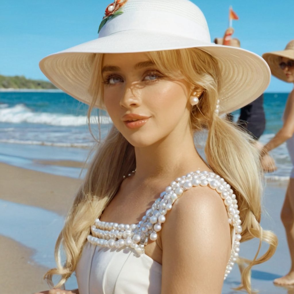 a girl who is entering the sea on a beach, she wears a beautiful long white dress with a white hat that says "Espresso" with pearls for decoration, the girl has fluffy curly  blonde hair pigtails , 4k, 18k, hairstyle, perfect face, After School, Melanie , Adele, Long hair, masterpiece high quality 18K, Hyperrealism, Realistic vision, rosy cheeks, realistic woman, a girl, Woman, best quality, woman, high quality, good lighting, A woman, with split hair, After School, girl, beauty, a girl who is entering the sea on a beach, the girl has fluffy, curly blonde hair pigtails, she has a big and beautiful white dress with a white hat that says "Espresso", decorated with pearls, she even has a pearl in her right hand, sea, beach, pearls, white dress with pearls, white hat with pearls, pearls, pearls, mother of pearl, sea of ​​pearls