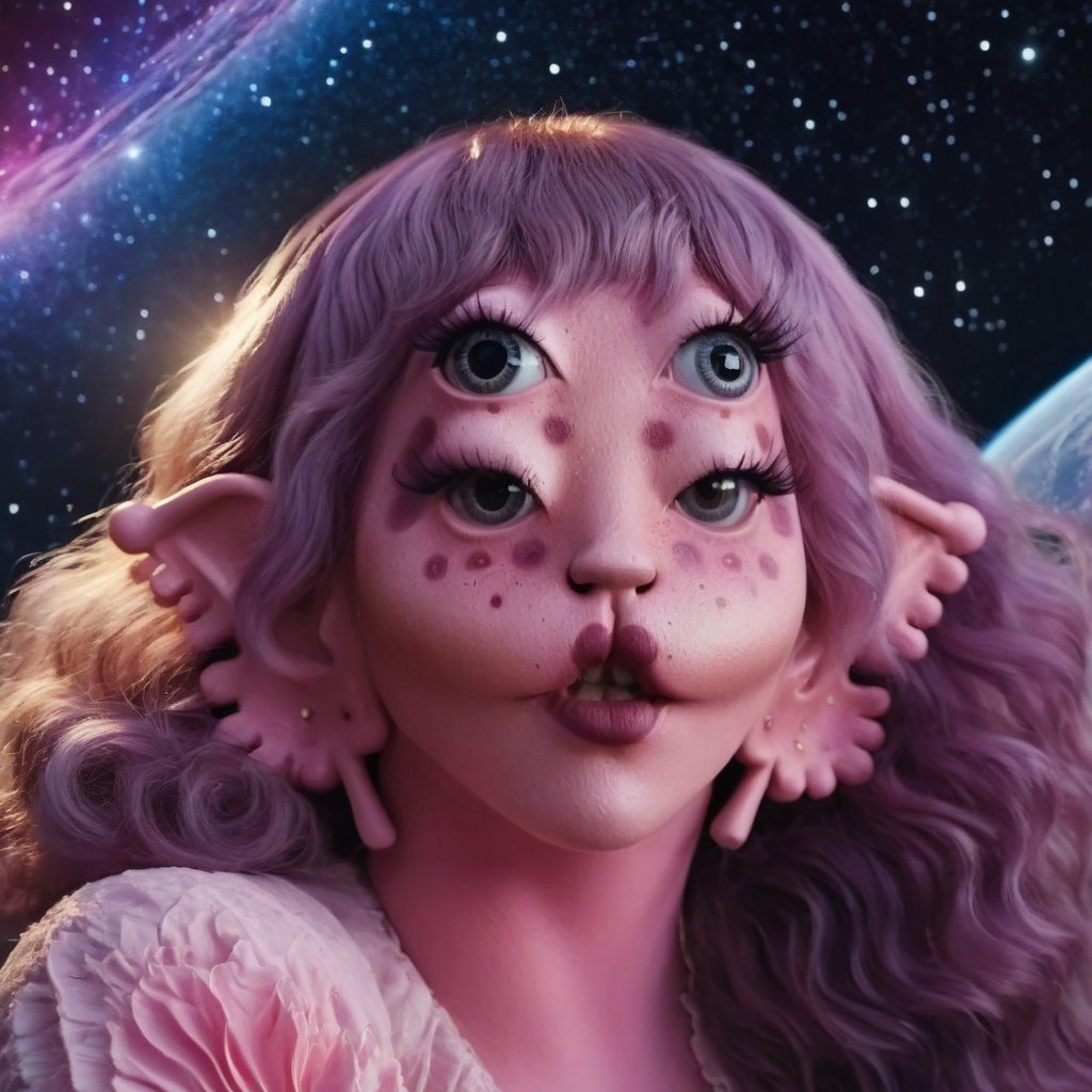 Prompt: Pink and purple makeup, gorgeous makeup, a girl who is sitting on Mercury, in the background is deep space and you can see other nearby planets, including the sun and the moon, four eyes, Full body, dark pink short curly hair, cured and detailed outfit, her hair is long and wavy, her hair is long, 4k, 18k, hairstyle, perfect face, Melanie, Adele, Long hair, masterpiece high quality 18K, Hyperrealism, Realistic vision, rosy cheeks, realistic woman, a girl, Woman, best quality, woman, high quality, good lighting, A woman, mercury00, Long hair, Pink skin, four eyes, Fancy, model, A woman. Pink and purple makeup, gorgeous makeup, long train skirt, space00, pink skin, four eyes, Full body, a girl, dark pink short curly hair, cured and detailed outfit, her hair is long and wavy, her hair is long, 4k , 18k, hairstyle, perfect face, Melanie, Adele, Long hair, masterpiece high quality 18K, Hyperrealism, Realistic vision, rosy cheeks, realistic woman, a girl, Woman, best quality, woman, high quality, good lighting, A woman, galaxy00, Long hair, Pink skin, four eyes, Fancy, model, A woman,Big Quality, Masterpiece, High Quality,Melanie Martinez, Beautiful, 1girl,4 eyes, Nymph, Pink Skin, Mercury, Venus, Pluto, Sol, Luna , Space, Galaxy, Stars, planets, milky way, space background, mercury, girl in mercury,"awoman"