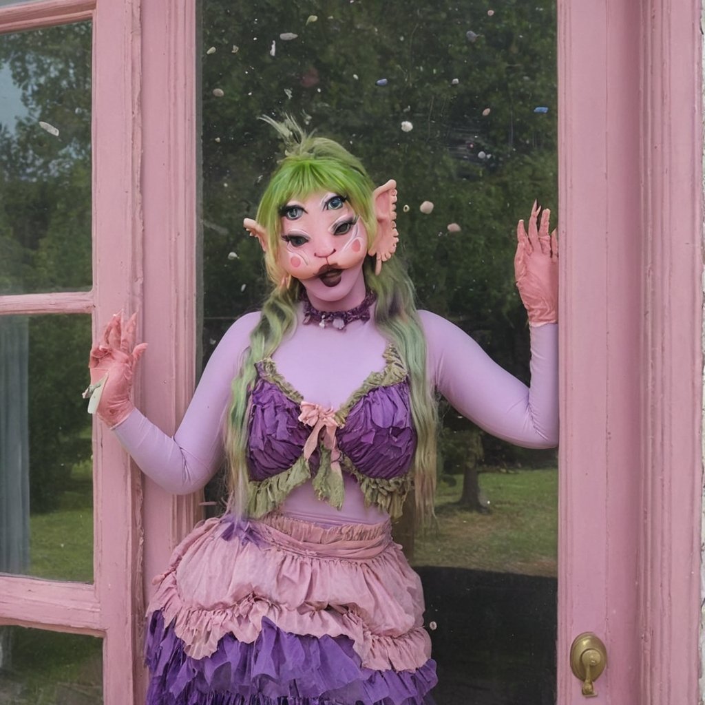 Pink and purple makeup, gorgeous makeup, A girl in front of the cottages window, throwing rocks out of the window, A girl in front of the cottages window, throwing rocks out of the window, High quality, long train skirt, galaxy00, pink skin, four eyes, Full body, a girl, silver green hair, cured and detailed outfit, her hair is long and wavy, her hair is long, 4k, 18k, hairstyle, perfect face, Melanie, Adele, Long hair, masterpiece high quality 18K, Hyperrealism, Realistic vision, rosy cheeks, realistic woman, a girl, Woman, best quality, woman, high quality, good lighting, A woman,galaxy00, Long hair, Pink skin, four eyes, Fancy , model, A woman