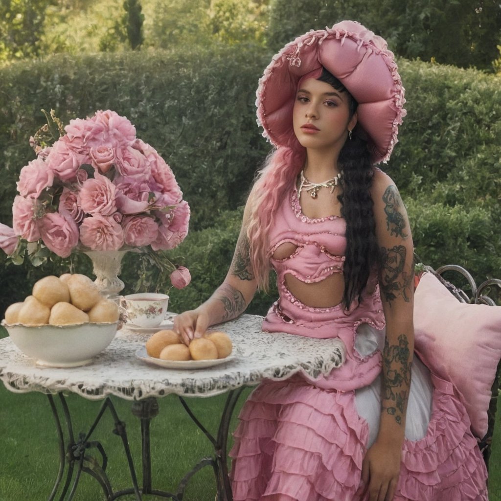 a girl who is sitting at a table ready for a tea hour, she along with the chairs and table is outside so in the background there is a beautiful garden with flowers, she wears a pink dress and a pink hat that matches her dress, the girl has fluffy pink and black hair ,black split dye, 4k, 18k, hairstyle, perfect face, After School, Melanie, Adele, Long hair, masterpiece high quality 18K, Hyperrealism, Realistic vision, rosy cheeks, realistic woman, a girl, Woman, best quality, woman, high quality, good lighting, A woman, with split hair, After School, girl, beauty, a girl who is sitting at a table ready for a tea hour, she along with the chairs and table is Outside, in the background there is a beautiful garden with flowers, she wears a pink dress and a pink hat that matches her dress, she has pink and black curly fluffy hair, black split dye, garden, tea time, elegant table , elegant chairs, elegant tea cups and roses, garden, flowers, bushes, pink, elegant, tea time in the garden