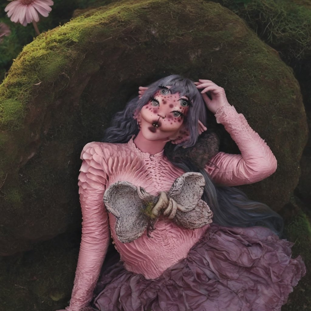 Prompt: Pink and purple makeup, gorgeous makeup, 1girl, a girl who is under a big mushroom while looking down, she is lying on a stone, four eyes, Full body, dark pink short curly hair, cured and detailed outfit, her hair is long and wavy, her hair is long, 4k, 18k, hairstyle, perfect face, Melanie, Adele, Long hair, masterpiece high quality 18K, Hyperrealism, Realistic vision, rosy cheeks, realistic woman, a girl, Woman, best quality, woman, high quality, good lighting, A woman, mushroom00, Long hair, Pink skin, four eyes, Fancy, model, A woman. Pink and purple makeup, gorgeous makeup, long train skirt, forest00, pink skin, four eyes, Full body, 1girl, dark red short curly hair, cured and detailed outfit, her hair is long and wavy, her hair is long, 4k, 18k, hairstyle, perfect face, Melanie, Adele, Long hair, masterpiece high quality 18K, Hyperrealism, Realistic vision, rosy cheeks, realistic woman, a girl, Woman, best quality, woman, high quality, good lighting, A woman, rock00 , Long hair, Pink skin, four eyes, Fancy, model, A woman,Big Quality, Masterpiece, High Quality,Melanie Martinez, Beautiful, 1girl,4 eyes, Nymph, Pink Skin