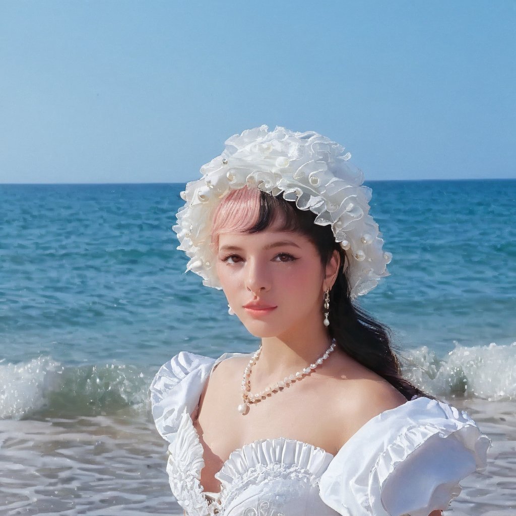 a girl who is entering the sea on a beach,  she wears a beautiful long white dress with a white hat with pearls for decora...