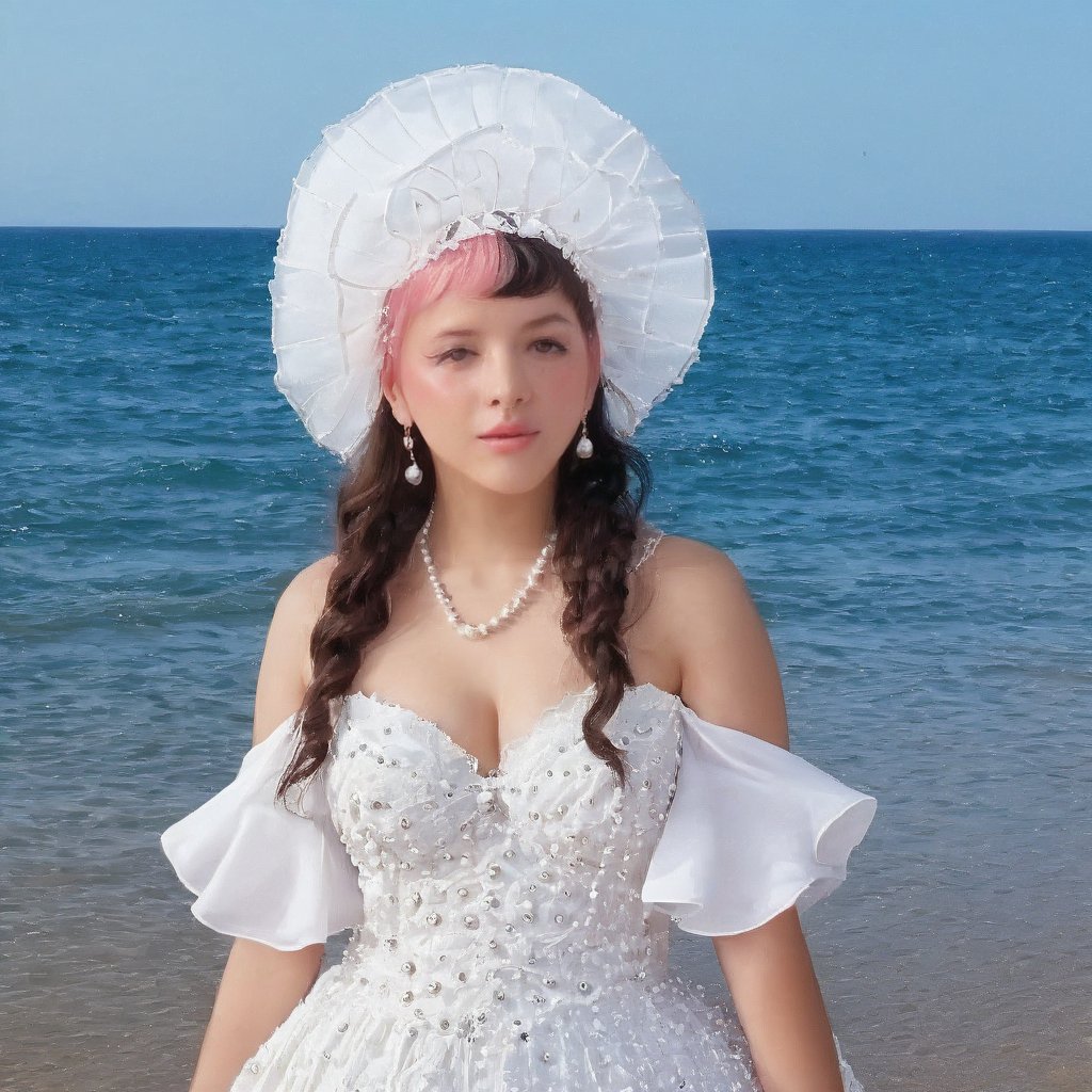 a girl who is entering the sea on a beach,  she wears a beautiful long white dress with a white hat with pearls for decora...