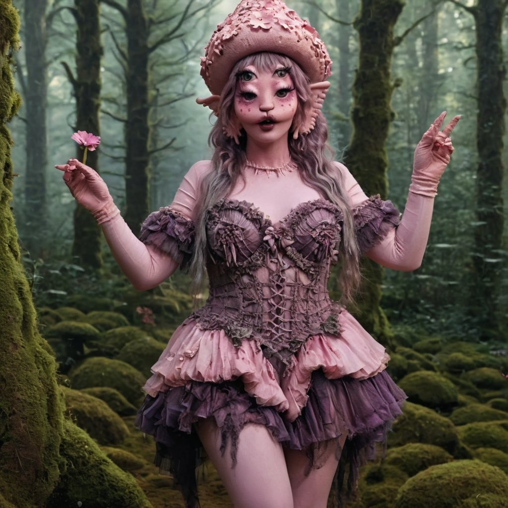 Pink and purple makeup, gorgeous makeup, Dancing in the forest with many mushrooms, honeysuckle, moss, trees, she wears a white dress with moss and flowers growing, forest00, pink skin, four eyes, Full body, dark pink short curly hair, cured and detailed outfit, her hair is long and wavy, her hair is long, 4k, 18k, hairstyle, perfect face, Melanie, Adele, Long hair, masterpiece high quality 18K, Hyperrealism, Realistic vision, rosy cheeks, realistic woman, a girl, Woman, best quality, woman, high quality, good lighting, A woman, mushrooms00, Long hair, Pink skin, four eyes, Fancy, model, A woman. Pink and purple makeup, gorgeous makeup, Standing, in an empty place with candles long train skirt, trees00, pink skin, four eyes, Full body, wearing a black detailed crotchet hat with two small blackcrotchet horns, crotchet hat with small crotchet horns, a girl, dark pink short curly hair, cured and detailed outfit, her hair is long and wavy, her hair is long, 4k, 18k, hairstyle, perfect face, Melanie, Adele, Long hair, masterpiece high quality 18K, Hyperrealism, Realistic vision, rosy cheeks, realistic woman, a girl, Woman, best quality, woman, high quality, good lighting, A woman,honeysuckle00, Long hair, Pink skin, four eyes, Fancy, model, A woman