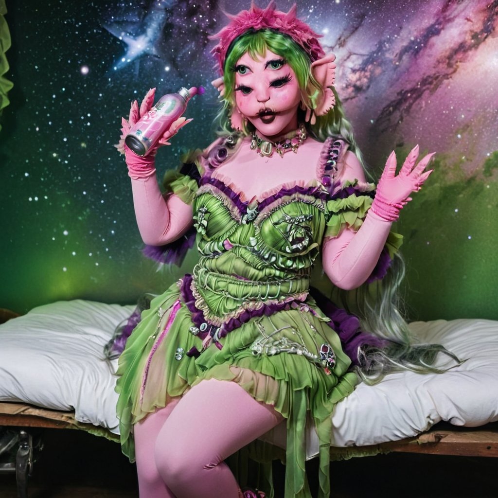 Pink and purple makeup,  gorgeous makeup,  sit on a bed she is with a powerful bright green posion/soda-like drink in her...