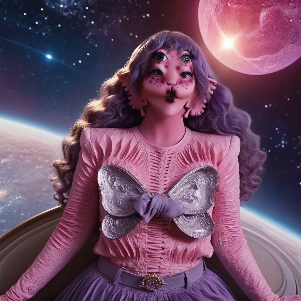 Prompt: Pink and purple makeup, gorgeous makeup, a girl who is sitting on Mercury, in the background is deep space and you can see other nearby planets, including the sun and the moon, four eyes, Full body, dark pink short curly hair, cured and detailed outfit, her hair is long and wavy, her hair is long, 4k, 18k, hairstyle, perfect face, Melanie, Adele, Long hair, masterpiece high quality 18K, Hyperrealism, Realistic vision, rosy cheeks, realistic woman, a girl, Woman, best quality, woman, high quality, good lighting, A woman, mercury00, Long hair, Pink skin, four eyes, Fancy, model, A woman. Pink and purple makeup, gorgeous makeup, long train skirt, space00, pink skin, four eyes, Full body, a girl, dark pink short curly hair, cured and detailed outfit, her hair is long and wavy, her hair is long, 4k , 18k, hairstyle, perfect face, Melanie, Adele, Long hair, masterpiece high quality 18K, Hyperrealism, Realistic vision, rosy cheeks, realistic woman, a girl, Woman, best quality, woman, high quality, good lighting, A woman, galaxy00, Long hair, Pink skin, four eyes, Fancy, model, A woman,Big Quality, Masterpiece, High Quality,Melanie Martinez, Beautiful, 1girl,4 eyes, Nymph, Pink Skin, Mercury, Venus, Pluto, Sol, Luna , Space, Galaxy, Stars, planets, milky way, space background, mercury, girl in mercury,"awoman"