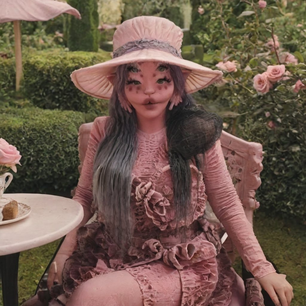 a girl who is sitting at a table ready for a tea hour, she along with the chairs and table is outside so in the background there is a beautiful garden with flowers, she wears a pink dress and a pink hat that matches her dress, the girl has fluffy pink and black hair ,black split dye, 4k, 18k, hairstyle, perfect face, After School, Melanie, Adele, Long hair, masterpiece high quality 18K, Hyperrealism, Realistic vision, rosy cheeks, realistic woman, a girl, Woman, best quality, woman, high quality, good lighting, A woman, with split hair, After School, girl, beauty, a girl who is sitting at a table ready for a tea hour, she along with the chairs and table is Outside, in the background there is a beautiful garden with flowers, she wears a pink dress and a pink hat that matches her dress, she has pink and black curly fluffy hair, black split dye, garden, tea time, elegant table , elegant chairs, elegant tea cups and roses, garden, flowers, bushes, pink, elegant, tea time in the garden