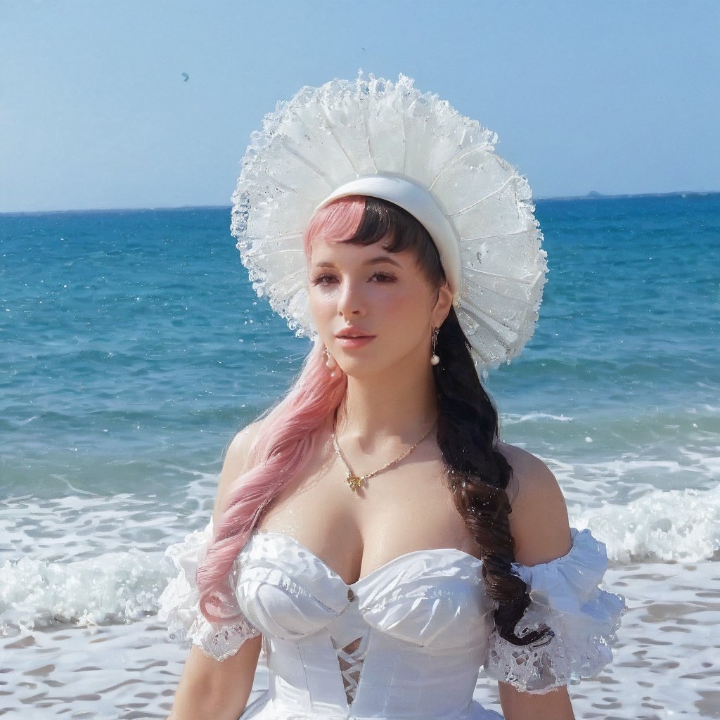 a girl who is entering the sea on a beach,  she wears a beautiful long white dress with a white hat with pearls for decora...