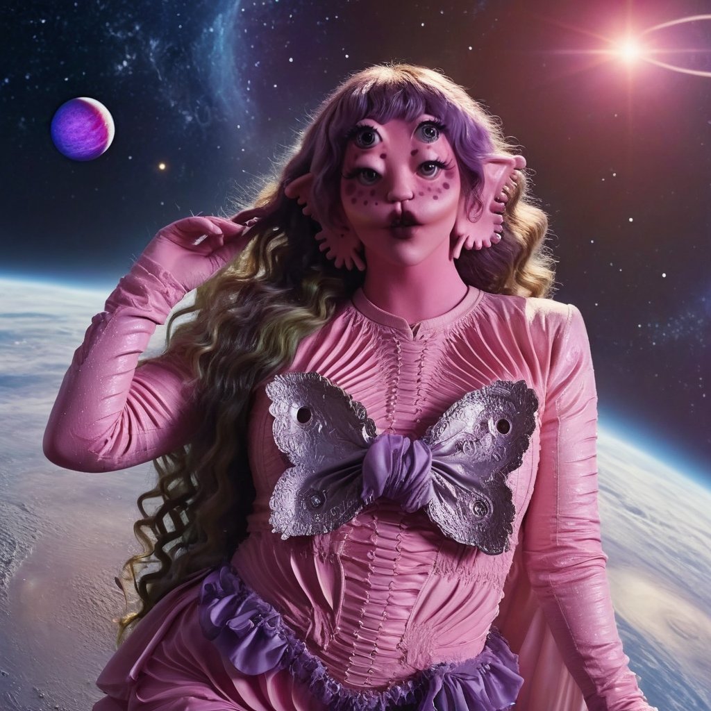 Prompt: Pink and purple makeup, gorgeous makeup, a girl who is sitting on Mercury, in the background is deep space and you can see other nearby planets, including the sun and the moon, four eyes, Full body, dark pink short curly hair, cured and detailed outfit, her hair is long and wavy, her hair is long, 4k, 18k, hairstyle, perfect face, Melanie, Adele, Long hair, masterpiece high quality 18K, Hyperrealism, Realistic vision, rosy cheeks, realistic woman, a girl, Woman, best quality, woman, high quality, good lighting, A woman, mercury00, Long hair, Pink skin, four eyes, Fancy, model, A woman. Pink and purple makeup, gorgeous makeup, long train skirt, space00, pink skin, four eyes, Full body, a girl, dark pink short curly hair, cured and detailed outfit, her hair is long and wavy, her hair is long, 4k , 18k, hairstyle, perfect face, Melanie, Adele, Long hair, masterpiece high quality 18K, Hyperrealism, Realistic vision, rosy cheeks, realistic woman, a girl, Woman, best quality, woman, high quality, good lighting, A woman, galaxy00, Long hair, Pink skin, four eyes, Fancy, model, A woman,Big Quality, Masterpiece, High Quality,Melanie Martinez, Beautiful, 1girl,4 eyes, Nymph, Pink Skin, Mercury, Venus, Pluto, Sol, Luna , Space, Galaxy, Stars, planets, milky way, space background, mercury, girl in mercury,"awoman"