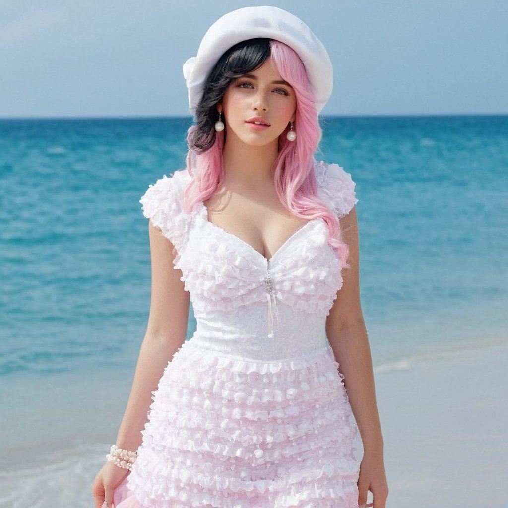 a girl who is entering the sea on a beach, she wears a beautiful long white dress with a white hat with pearls for decoration, the girl has fluffy pink hair black split dye, 4k, 18k, hairstyle, perfect face, After School, Melanie , Adele, Long hair, masterpiece high quality 18K, Hyperrealism, Realistic vision, rosy cheeks, realistic woman, a girl, Woman, best quality, woman, high quality, good lighting, A woman, with split hair, After School, girl, beauty, a girl who is entering the sea on a beach, the girl has fluffy, curly, black split dye pink and black hair, she has a big and beautiful white dress with a white hat, decorated with pearls, she even has a pearl in her right hand, sea, beach, pearls, white dress with pearls, white hat with pearls, pearls, pearls, mother of pearl, sea of ​​pearls