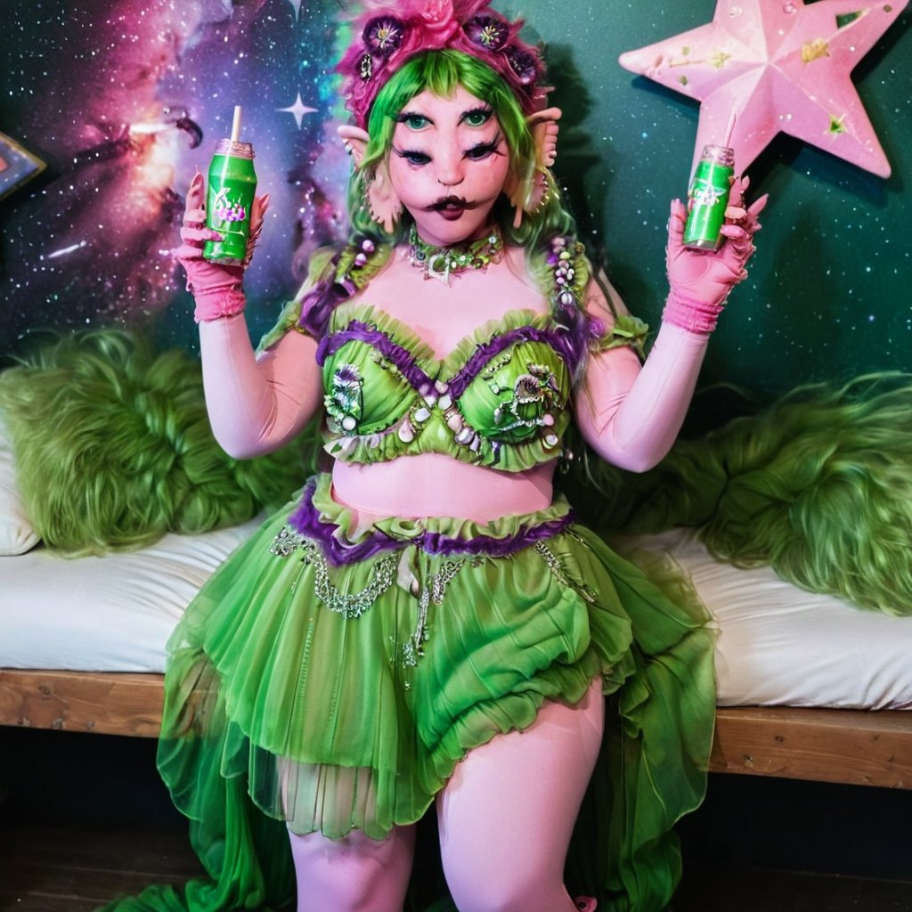 Pink and purple makeup,  gorgeous makeup,  sit on a bed she is with a powerful bright green posion/soda-like drink in her...