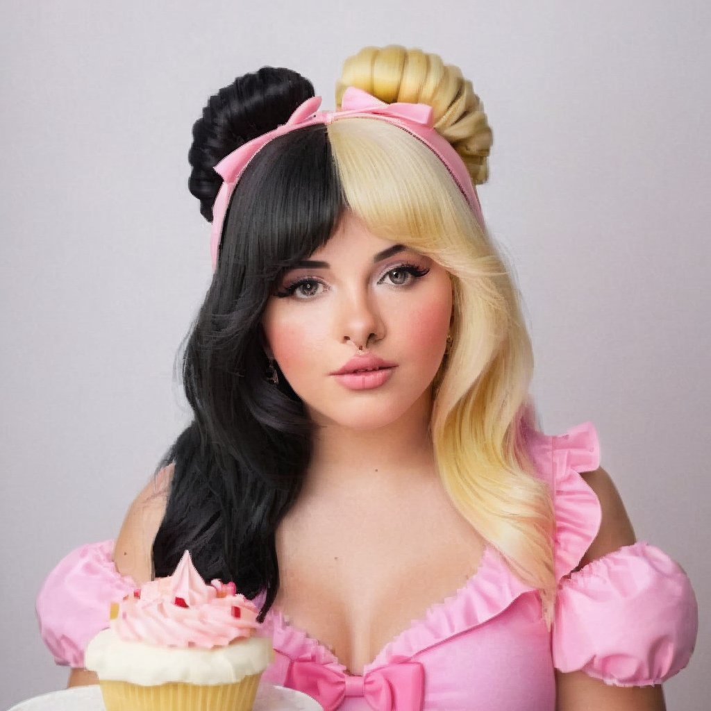 a girl who wears a pink swimsuit with several bows, she is in a world of cakes, therefore there are big cakes, cupcakes and sweets in the background, the girl has fluffy blonde and black hair in addition to having two small horns of the color of her hair on her head, black split dye, 4k, 18k, hairstyle, perfect face, After School, Melanie, Adele, Long hair, masterpiece high quality 18K, Hyperrealism, Realistic vision, rosy cheeks, realistic woman, a girl, Woman, best quality, woman, high quality, good lighting, A woman, with split hair, After School, girl, beauty, a girl who wears a pink swimsuit with several bows, she is in a world of cakes, therefore there are big cakes, cupcakes and sweets in the background, the girl has fluffy blonde and black hair in addition to having two small horns the color of her hair on her head, black split dye, the bakery, cake, cakes, strawberry shortcake, sweets, cupcakes, cupcake, sweets background, cake decoration, the bakery, the bakery, after school ep,Split dye hair,Black and  hair,Mullet hair,Bangs,hair horns,Black and blonde hair,hair horns 