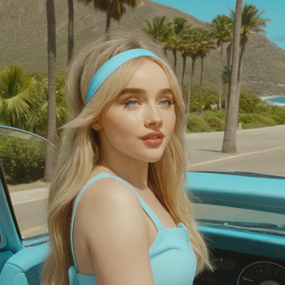 a girl wearing a short full light blue dress and a bright light blue headband, she is inside a light blue car, the background is a road along with palm trees and near a beach, 4k, 18k, hairstyle, perfect face, Espresso, Beach vibes, Summer vibes,Sabrina Carpenter, thick pink lips, masterpiece high quality 18K, Hyperrealism, Realistic vision, rosy cheeks, realistic woman, a girl, Woman, best quality, woman, high quality, good lighting, A woman, Short n Sweet , girl, beauty, a girl who wears a short bright light blue dress, a bright light blue headband, she is in a bright light blue car, the background is a road with some palm trees and near a beach, summer vibes, beach vibes, house beach, city with beach, light blue car, headband, thick pink lips, Sabrina carpenter,Blue eyes,Rosy cheeks,Long wavy blonde hair with bangs