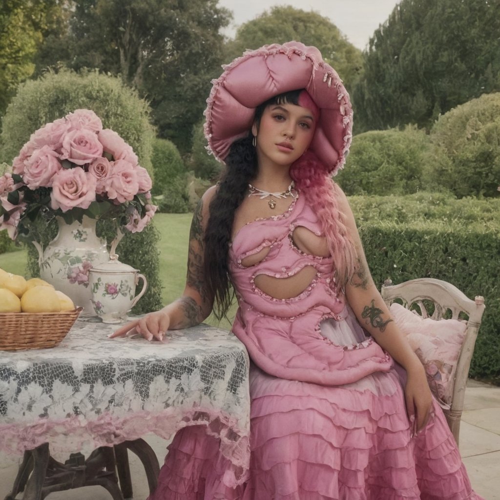 a girl who is sitting at a table ready for a tea hour, she along with the chairs and table is outside so in the background there is a beautiful garden with flowers, she wears a pink dress and a pink hat that matches her dress, the girl has fluffy pink and black hair ,black split dye, 4k, 18k, hairstyle, perfect face, After School, Melanie, Adele, Long hair, masterpiece high quality 18K, Hyperrealism, Realistic vision, rosy cheeks, realistic woman, a girl, Woman, best quality, woman, high quality, good lighting, A woman, with split hair, After School, girl, beauty, a girl who is sitting at a table ready for a tea hour, she along with the chairs and table is Outside, in the background there is a beautiful garden with flowers, she wears a pink dress and a pink hat that matches her dress, she has pink and black curly fluffy hair, black split dye, garden, tea time, elegant table , elegant chairs, elegant tea cups and roses, garden, flowers, bushes, pink, elegant, tea time in the garden