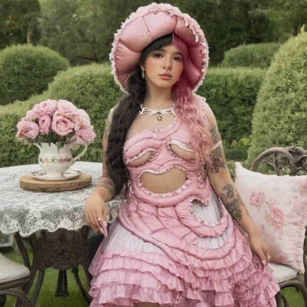 a girl who is sitting at a table ready for a tea hour, she along with the chairs and table is outside so in the background there is a beautiful garden with flowers, she wears a pink dress and a pink hat that matches her dress, the girl has fluffy pink and black hair ,black split dye, 4k, 18k, hairstyle, perfect face, After School, Melanie, Adele, Long hair, masterpiece high quality 18K, Hyperrealism, Realistic vision, rosy cheeks, realistic woman, a girl, Woman, best quality, woman, high quality, good lighting, A woman, with split hair, After School, girl, beauty, a girl who is sitting at a table ready for a tea hour, she along with the chairs and table is Outside, in the background there is a beautiful garden with flowers, she wears a pink dress and a pink hat that matches her dress, she has pink and black curly fluffy hair, black split dye, garden, tea time, elegant table , elegant chairs, elegant tea cups and roses, garden, flowers, bushes, pink, elegant, tea time in the garden