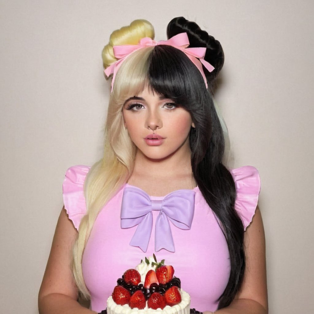 a girl who wears a pink swimsuit with several bows, she is in a world of cakes, therefore there are big cakes, cupcakes and sweets in the background, the girl has fluffy blonde and black hair in addition to having two small horns of the color of her hair on her head, black split dye, 4k, 18k, hairstyle, perfect face, After School, Melanie, Adele, Long hair, masterpiece high quality 18K, Hyperrealism, Realistic vision, rosy cheeks, realistic woman, a girl, Woman, best quality, woman, high quality, good lighting, A woman, with split hair, After School, girl, beauty, a girl who wears a pink swimsuit with several bows, she is in a world of cakes, therefore there are big cakes, cupcakes and sweets in the background, the girl has fluffy blonde and black hair in addition to having two small horns the color of her hair on her head, black split dye, the bakery, cake, cakes, strawberry shortcake, sweets, cupcakes, cupcake, sweets background, cake decoration, the bakery, the bakery, after school ep,Split dye hair,Black and  hair,Mullet hair,Bangs,hair horns,Black and blonde hair,hair horns 