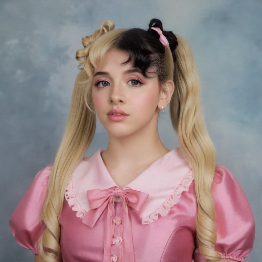 a girl who is looking straight, she is posing like a model, wearing a short dark pink dress, the girl has curly blonde hair tied in two ponytails, black split dye, 4k, 18k, hairstyle, perfect face, After School, Melanie, Adele, Long hair, masterpiece high quality 18K, Hyperrealism, Realistic vision, rosy cheeks, realistic woman, a girl, Woman, best quality, woman, high quality, good lighting, A woman, with split hair, After School, girl , beauty, a girl who is looking directly at her while posing as a model, wears a pink dress, has curly blonde and black hair tied in two ponytails, black split dye, model, K-12,long two ponytails,Split dye hair with curly bangs,Black and blonde hair