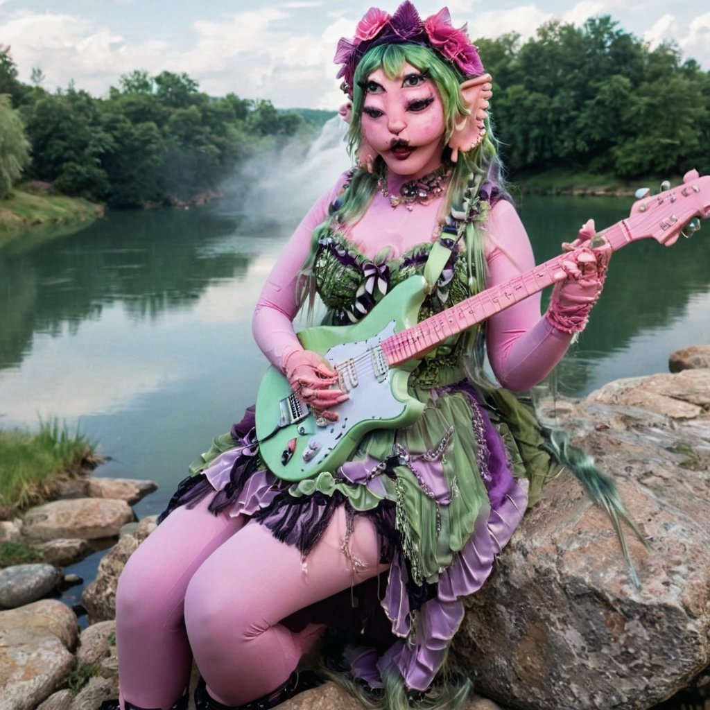 Pink and purple makeup, gorgeous makeup, sitting on a stone next to the river, while playing the guitar, long train skirt, guitar00, lake00, sit00, pink skin, four eyes, Full body, wearing a pastel purple detailed crotchet outfit, a girl, silver green hair, cured and detailed outfit, her hair is long and wavy, her hair is long, 4k, 18k, hairstyle, perfect face, Melanie, Adele, Long hair, masterpiece high quality 18K, Hyperrealism, Realistic vision, rosy cheeks, realistic woman, a girl, Woman, best quality, woman, high quality, good lighting, A woman, guitar00, Long hair, Pink skin, four eyes, Fancy, model, A woman , HIGH QUALITY, BIG QUALITY