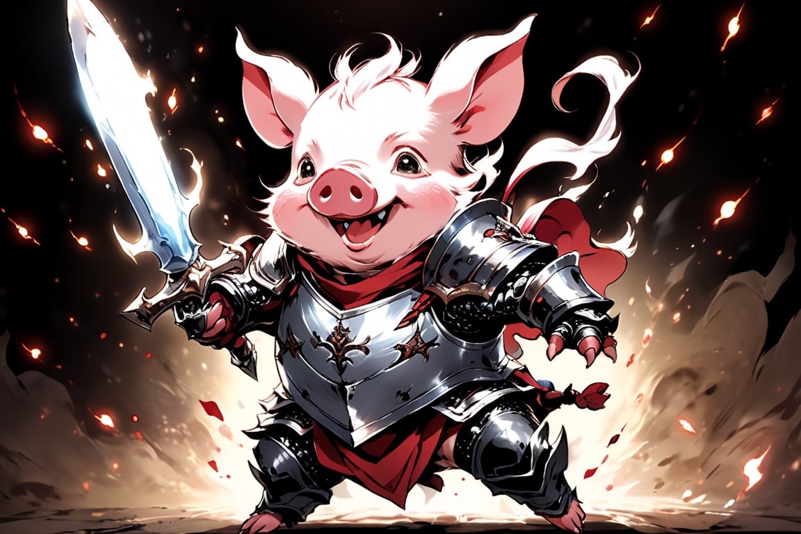 masterpiece, battle scene, a cute piglet monster wearing silver armor in battling pose, dynamic pose, dynamic background, low angle, the art of kazuki takahashi,GLOWING