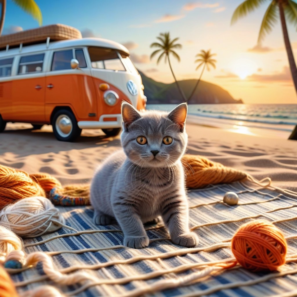 ((ultra realistic photo))  a cute little British shorthaired Kitty playing with a little ball of yarn ON A PLAID, IN FRONT OF THE CLASSIC VW CAMPER VAN, LOVELY WELL-ARRANGED CAMPING ENVIROMENT (art, DETAILED textures, pure perfection, hIgh definition), detailed beach around , tiny delicate sea-shell, little delicate starfish, sea ,(very detailed TROPICAL hawaiian BAY BACKGROUND, SEA SHORE, PALM TREES, DETAILED LANDSCAPE, COLORFUL) (GOLDEN HOUR LIGHTING), delicate coral, sand piles,LegendDarkFantasy