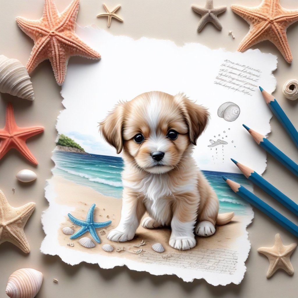 ((ultra realistic photo)), artistic sketch art, Make a pencil sketch of an adorable little FLUFFY PUPPY on a torn edge LETTER WITH LITTLE DRAWINGS AND  TEXTS, art, DETAILED textures, pure perfection, hIgh definition, detailed beach around THE PAPER, tiny delicate sea-shell, little delicate starfish, sea ,TROPICAL BAY, delicate coral, sand pile on the paper,little calligraphy texts, little drawings on the paper,, text: "puppy", text. ,BookScenic,art_booster