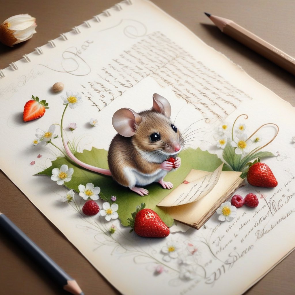 ((ultra realistic photo)), artistic sketch art, Make a little 2,5D WHITE LINE pencil sketch of a cute tiny MOUSE on an old TORN EDGE Letter , art, textures, pure perfection, high definition, LITTLE FRUITS, butterfly,strawberry,berry, DELICATE FLOWERS ,grass blades, flower petals  on the paper, little calligraphy text all over, little drawings, text: "mouse", text. ,BookScenic,ink,smoke