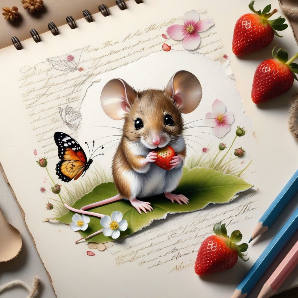 ((ultra realistic photo)), artistic sketch art, Make a little 2,5D WHITE LINE pencil sketch of a cute tiny MOUSE on an old TORN EDGE Letter , art, textures, pure perfection, high definition, LITTLE FRUITS, butterfly,strawberry,berry, DELICATE FLOWERS ,grass blades, flower petals  on the paper, little calligraphy text all over, little drawings, text: "mouse", text. ,BookScenic,ink,smoke