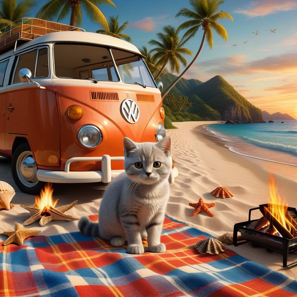 a cute little British shorthaired Kitty playing near A CAMP FIRE ON A PLAID, IN FRONT OF THE CLASSIC VW CAMPER VAN, LOVELY WELL-ARRANGED CAMPING ENVIROMENT (art, DETAILED textures, pure perfection, hIgh definition), detailed beach around , tiny delicate sea-shell, little delicate starfish, sea ,(very detailed TROPICAL hawaiian BAY BACKGROUND, SEA SHORE, PALM TREES, DETAILED LANDSCAPE, COLORFUL) (GOLDEN HOUR LIGHTING), delicate coral, sand piles,art_booster,stworki,DonMH010D15pl4yXL ,portraitart,fauna_portrait