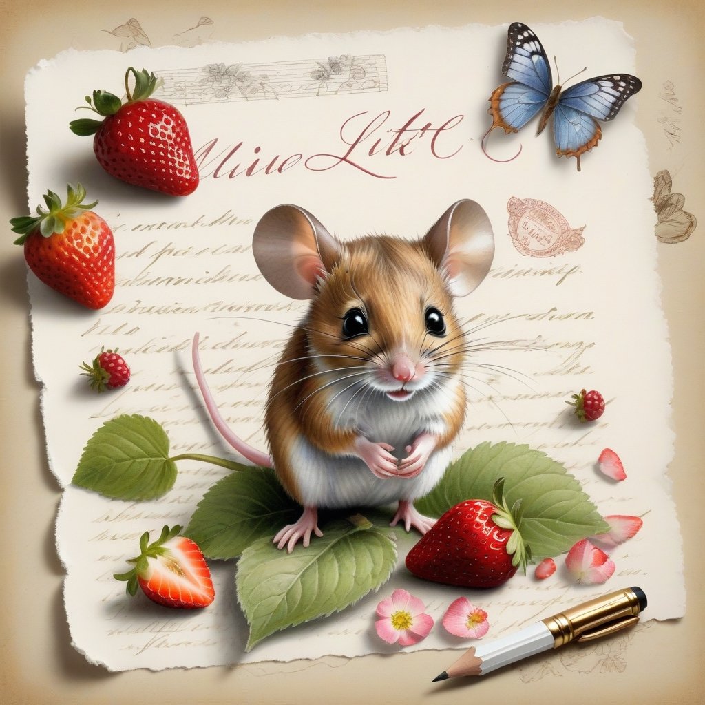 ((ultra realistic photo)), artistic sketch art, Make a little 2,5D WHITE LINE pencil sketch of a cute tiny MOUSE on an old TORN EDGE Letter , art, textures, pure perfection, high definition, LITTLE FRUITS, butterfly,strawberry,berry, DELICATE FLOWERS ,grass blades, flower petals  on the paper, little calligraphy text, little drawings, text: "mouse", text. 