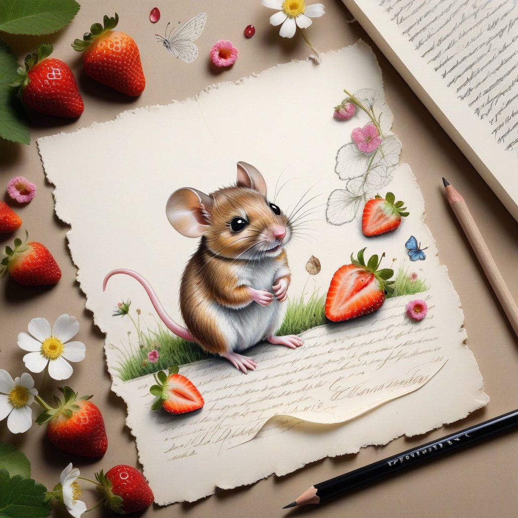 ((ultra realistic photo)), artistic sketch art, Make a little 2,5D WHITE LINE pencil sketch of a cute tiny MOUSE on an old TORN EDGE Letter , art, textures, pure perfection, high definition, LITTLE FRUITS, butterfly,strawberry,berry, DELICATE FLOWERS ,grass blades, flower petals  on the paper, little calligraphy text, little drawings, text: "mouse", text. children's picture books, ,BookScenic,ink,smoke,ink smoke