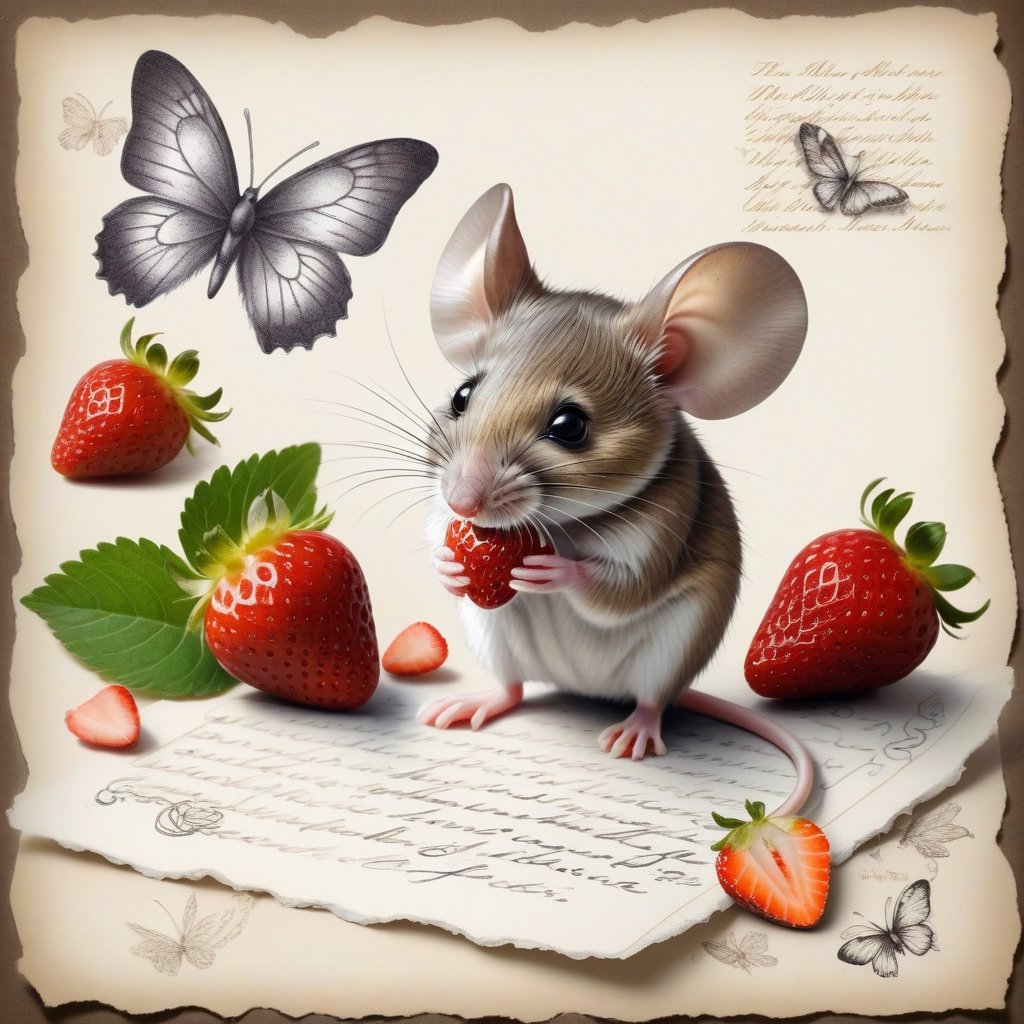 ((ultra realistic photo)), artistic sketch art, Make a little 2,5D WHITE LINE pencil sketch of a cute tiny MOUSE on an old TORN EDGE Letter , art, textures, pure perfection, high definition, LITTLE FRUITS, butterfly,strawberry,berry, DELICATE FLOWERS ,grass blades, flower petals  on the paper, little calligraphy text, little drawings, text: "mouse", text. children's picture books, ,BookScenic,ink,smoke,ink smoke,Dark Majic