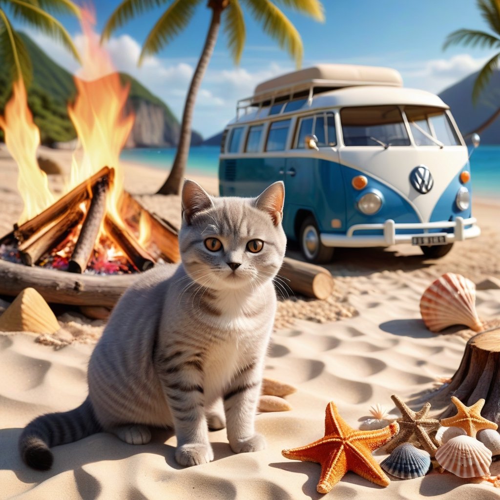 a cute little British shorthaired Kitty playing near A CAMP FIRE ON A PLAID, IN FRONT OF THE CLASSIC VW CAMPER VAN, LOVELY WELL-ARRANGED CAMPING ENVIROMENT (art, DETAILED textures, pure perfection, hIgh definition), detailed beach around , tiny delicate sea-shell, little delicate starfish, sea ,(very detailed TROPICAL hawaiian BAY BACKGROUND, SEA SHORE, PALM TREES, DETAILED LANDSCAPE, COLORFUL) (GOLDEN HOUR LIGHTING), delicate coral, sand piles,art_booster,stworki,DonMH010D15pl4yXL ,portraitart,fauna_portrait