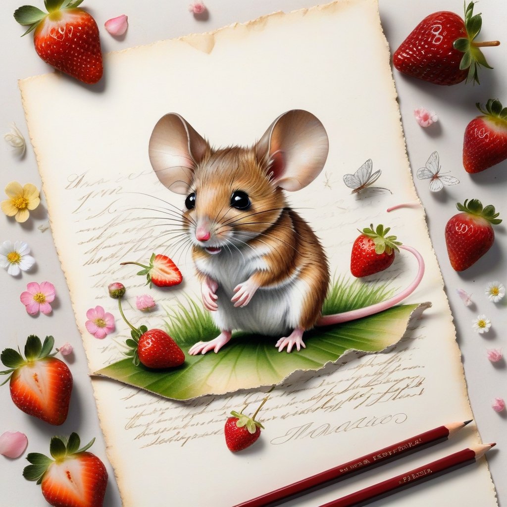 ((ultra realistic photo)), artistic sketch art, Make a little 2,5D WHITE LINE pencil sketch of a cute tiny MOUSE on an old TORN EDGE Letter , art, textures, pure perfection, high definition, LITTLE FRUITS, butterfly,strawberry,berry, DELICATE FLOWERS ,grass blades, flower petals  on the paper, little calligraphy text, little drawings, text: "mouse", text. 