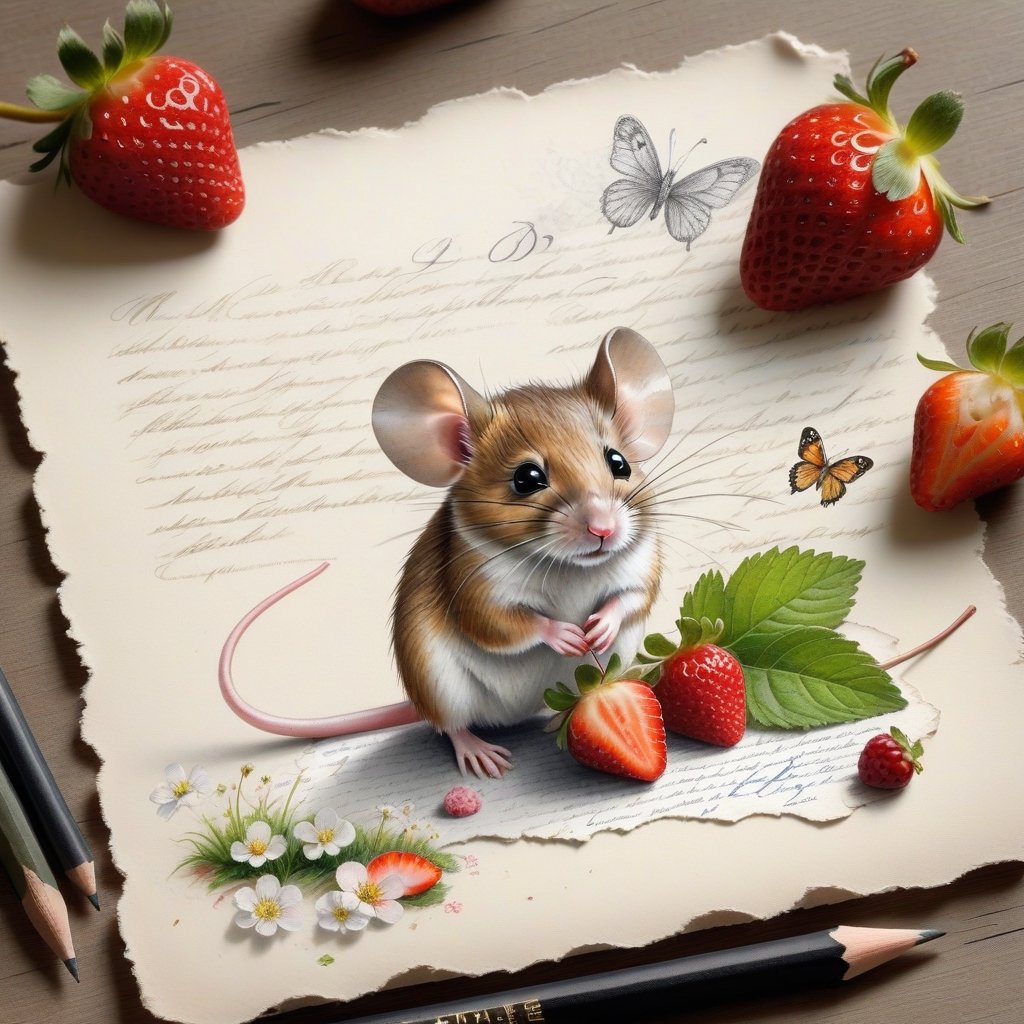 ((ultra realistic photo)), artistic sketch art, Make a little 2,5D WHITE LINE pencil sketch of a cute tiny MOUSE on an old TORN EDGE Letter , art, textures, pure perfection, high definition, LITTLE FRUITS, butterfly,strawberry,berry, DELICATE FLOWERS ,grass blades, flower petals  on the paper, little calligraphy text, little drawings, text: "mouse", text. 